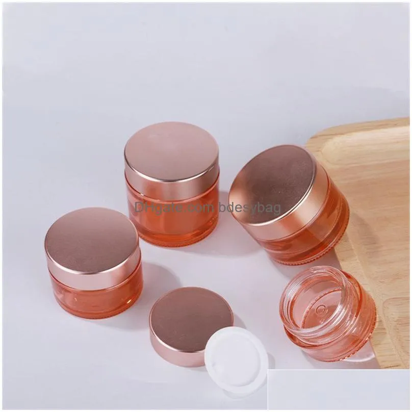 Cosmetic Jar Wholesale Pink Glass Cream With Rose Gold Lid 5G 10G 15G 20G 30G 50G 60G 100G Makeup Travel Sample Container Bottles Drop Dhues
