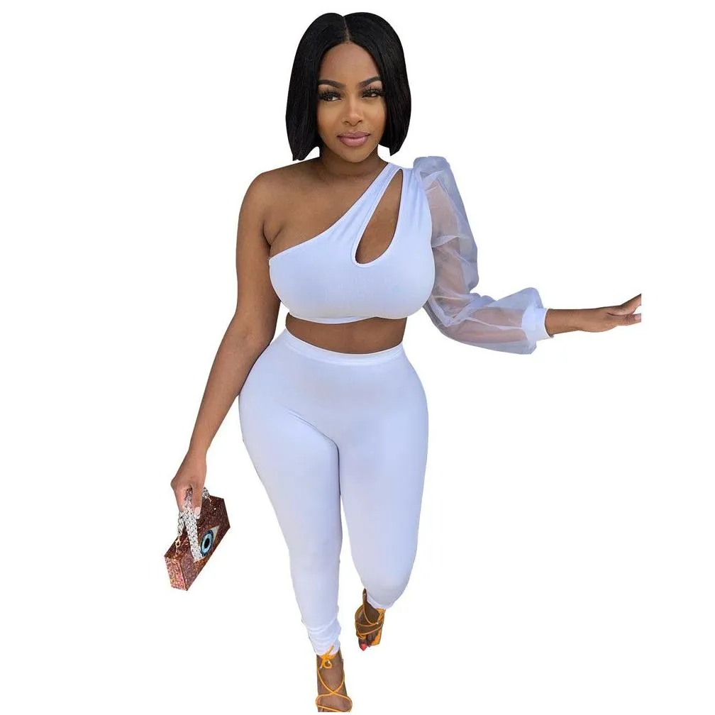 Designer Spring Two Piece Sets Women Tracksuits Summer outfits Autumn Clothes Sexy One Sleeve Crop Top and Pants Matching Sets Solid Sportswear