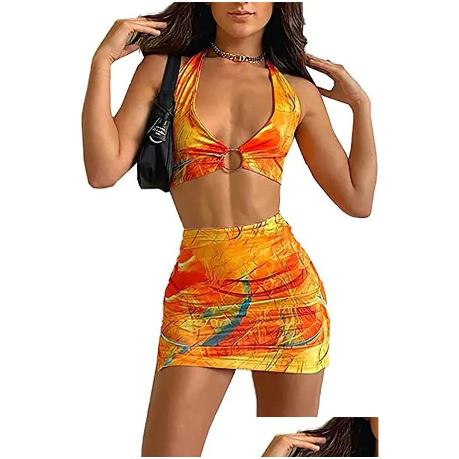 Womens Halter Tie Dye Two Pieces Sets Y2K Fashion Outfits Sleeveless Tops and Short Skirt