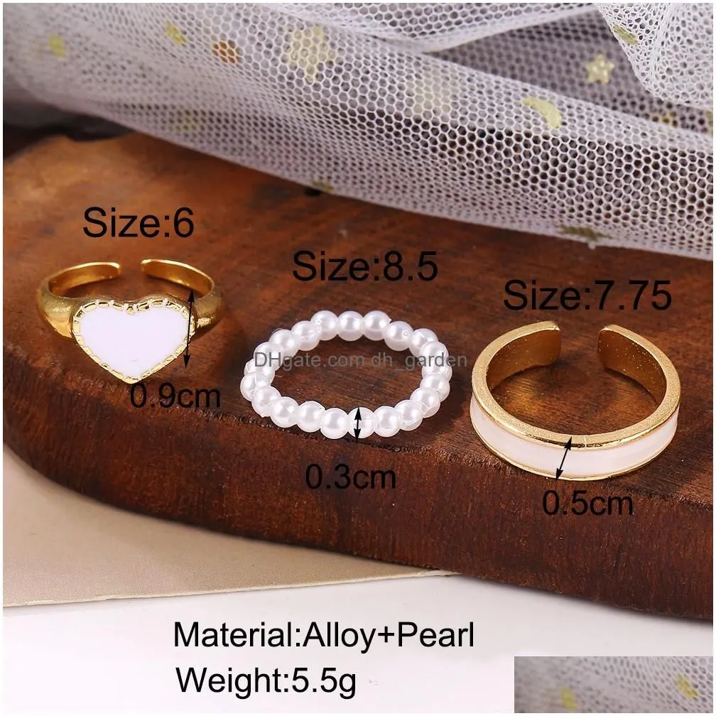 Band Rings 3Pcs/Set Enamel Heart Rings Fashion Pearl Ring For Women Geometric Irregar Chain Knuckle Jewelry Drop Delivery Jew Dhgarden