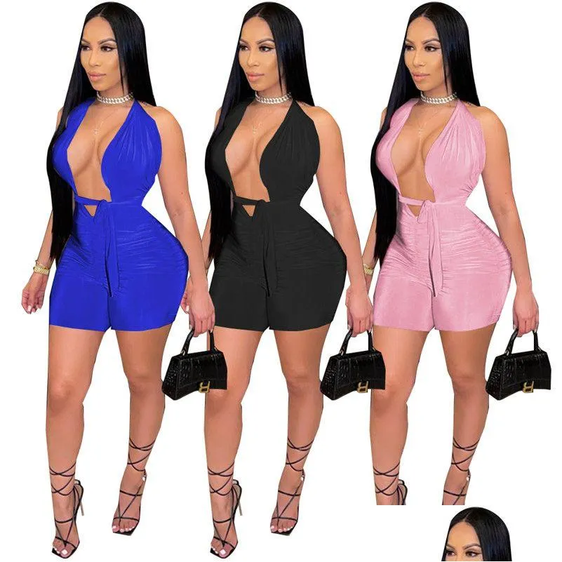 Wholesale Backless Jumpsuits Women Bodycon Romers Sexy V Neck Sleeveless Playsuits Casual Solid Overalls Club Wear Bulk 6972