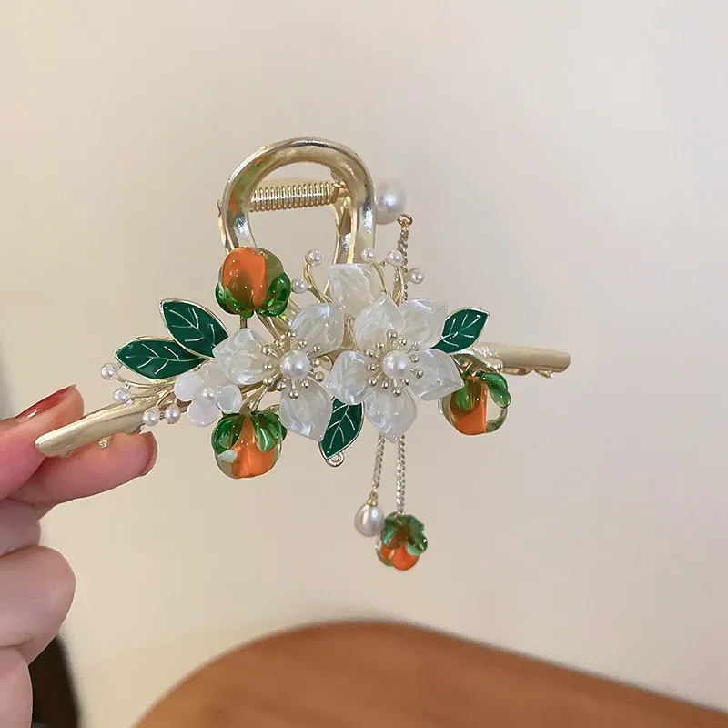 Barrettes Hair Clips Ajojewel Beautiful Acrylic Flower Claw Ancient Chinese Jewelry Long Tassel Large Hairclip Persimmon Accessories