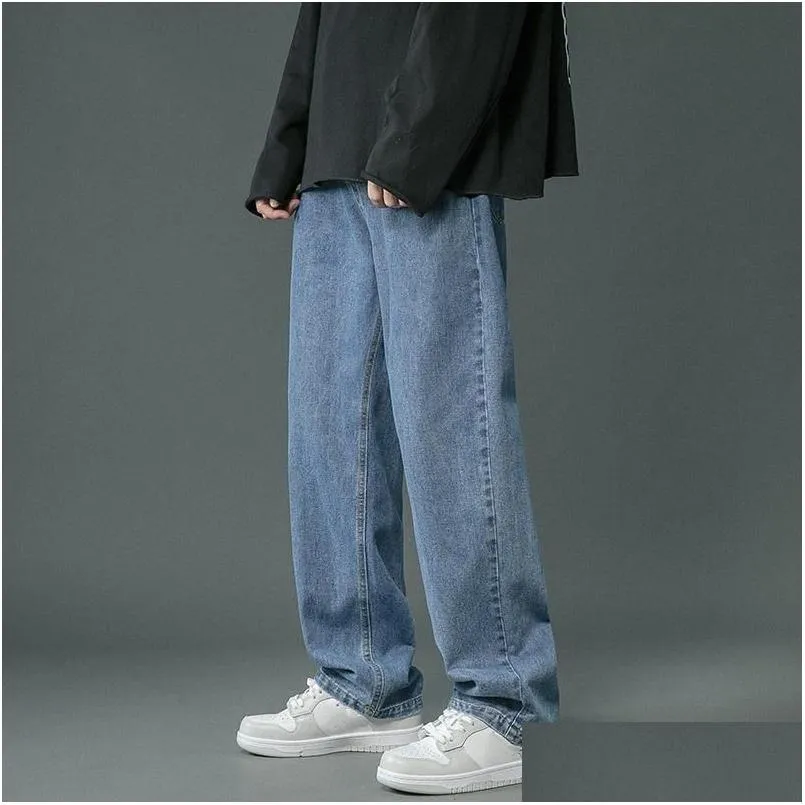 Men`s Jeans Streetwear Baggy Men Plus Size S-5XL Fashion Loose Straight Wide Leg Pants Black Light Blue Male Casual Clothing