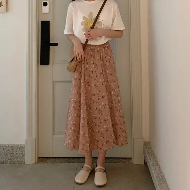 Skirts Vintage Floral Print Aline Pleated Long Summer Women Korean Streetwear Drawstring Elastic Waist Midi 230424