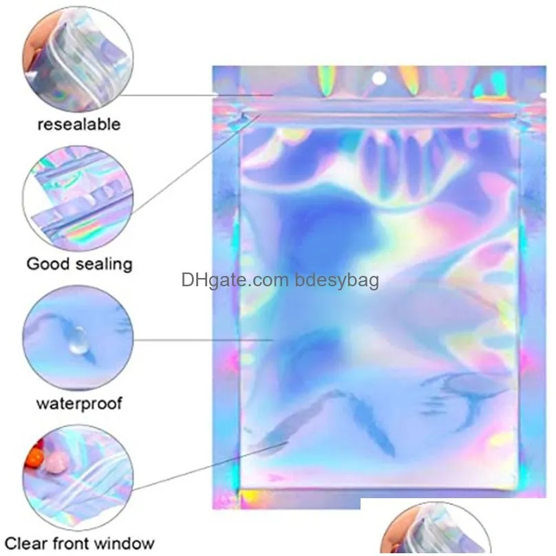 Packing Bags Wholesale Resealable Smell Proof Aluminum Foil Zipper Pouch Bag Holographic Packaging For Food Snack Jewelry Storage Drop Dhzh5