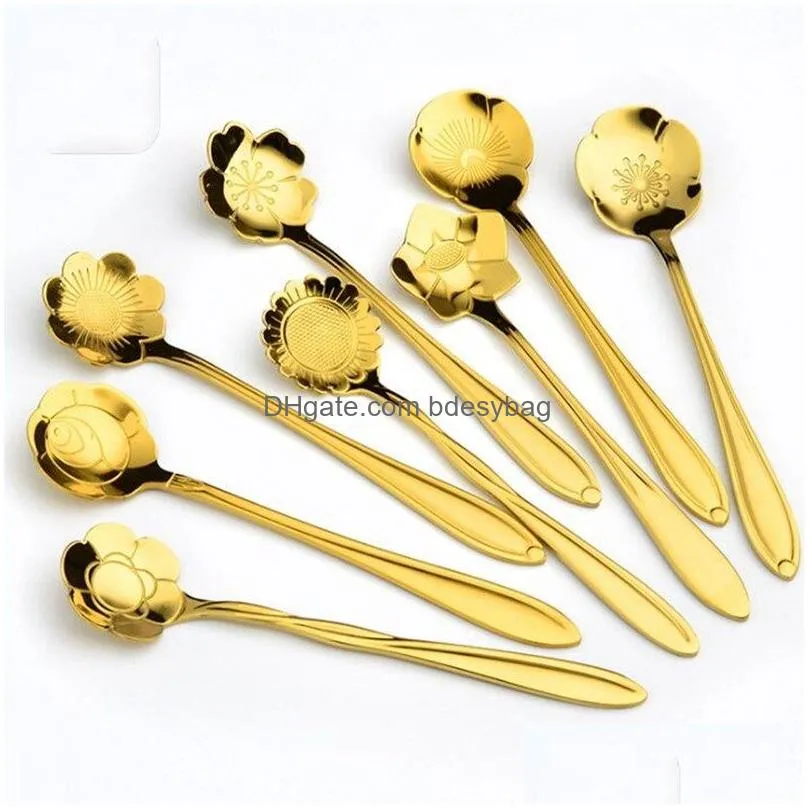 Spoons 8 Pcs/Set Vintage Stainless Steel Spoon Flower Shaped Coffee Tea Stiring Ice Cream Cake Dessert Tableware Drop Delivery Home Ga Dhwjb