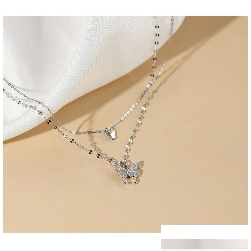 Silver Shiny Butterfly Tassel Necklace Female Exquisite Double Layer Pendant Clavicle Chain Wedding Party Jewelry