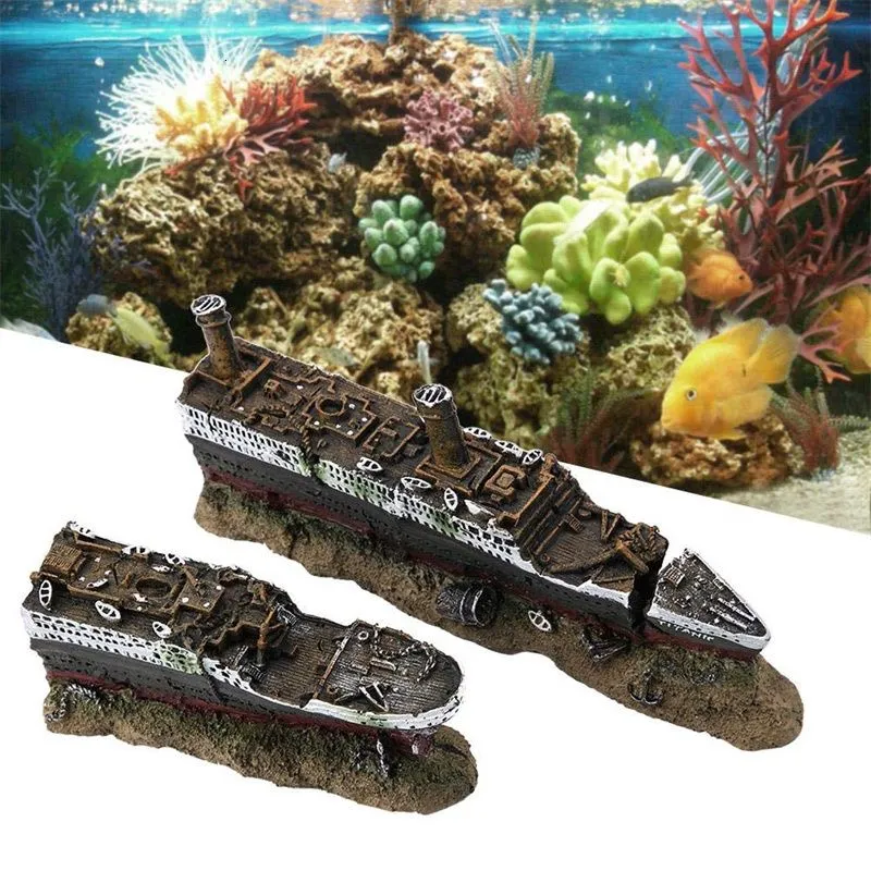 Aquariums Fish tank landscaping Titanic Model Resin Aquarium Wrecked Boat Ship Decoration Artificial Tank Ornament Sunk 230923