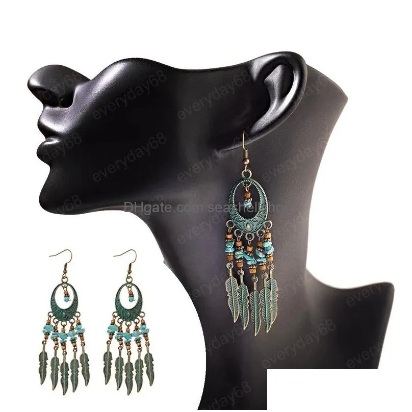 Vintage Ethnic Geometric Hanging Indian Earring Leaf Tassel Beads Dangle Earrings Tibetan Jewelry Ornaments Accessories