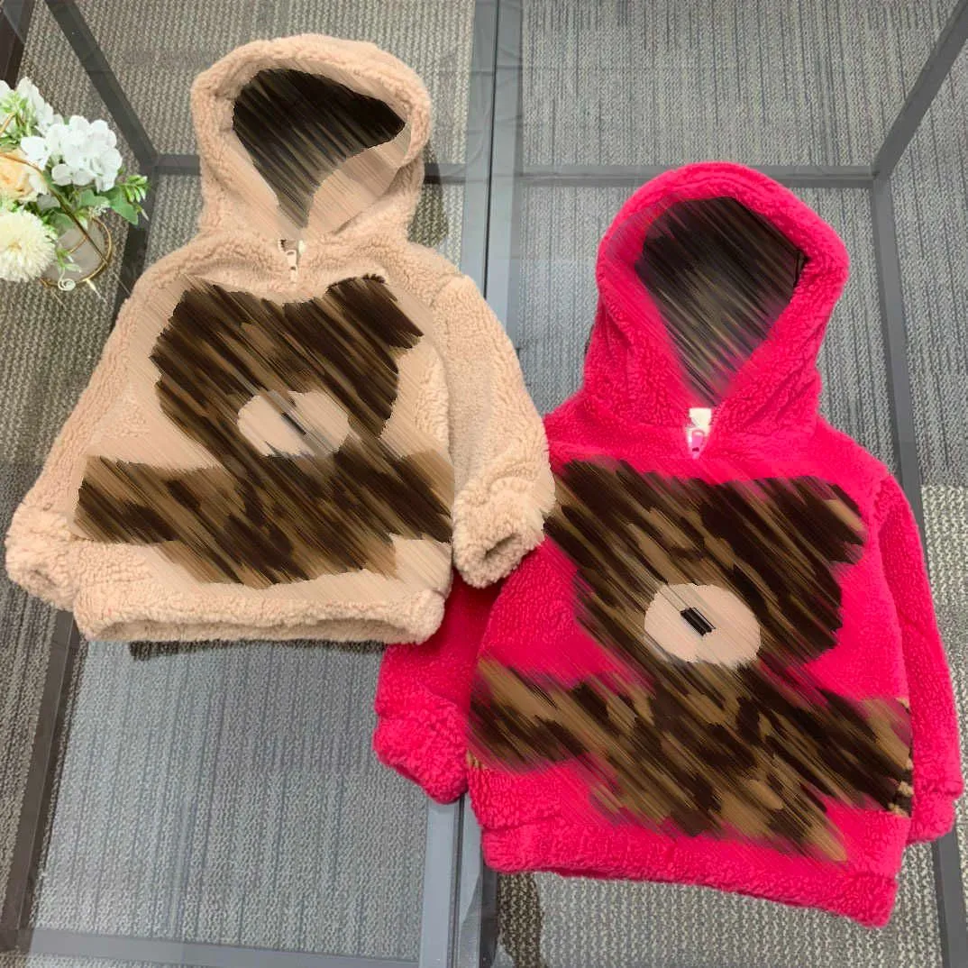 Warm Lamb Wool Coat for kids fashion Child Hooded jacket Size 110-160 CM Letter Doll Bear Print Baby Autumn Outwear Sep20