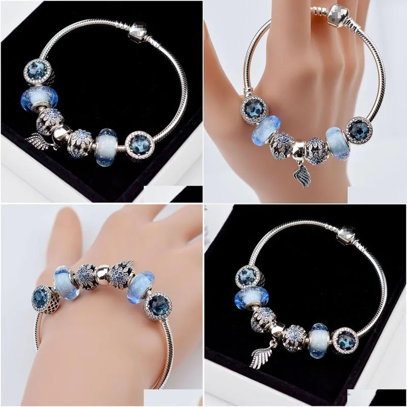 EDELL 100% 925 Sterling Silver Charm Beads Bracelets Blue Crystal Collocation Bracelet Suitable For Women DIY Bangles Send The