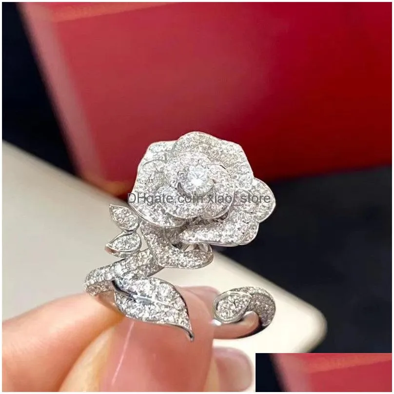 2023 top sell wedding rings luxury jewelry 925 sterling silver pave white 5a cubic zircon cz diamond gemstones party women rose flower open adjustable ring