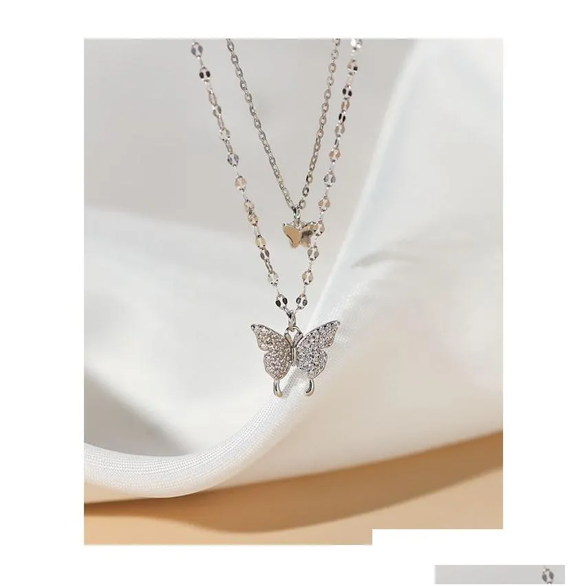 Silver Shiny Butterfly Tassel Necklace Female Exquisite Double Layer Pendant Clavicle Chain Wedding Party Jewelry
