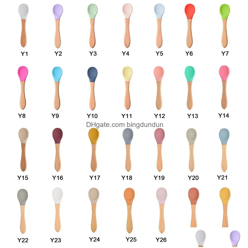 Children Silicone Spoons Wooden Handle Coffee Scoops Baby Training Spoon Home Kitchen Tableware 28 Colors