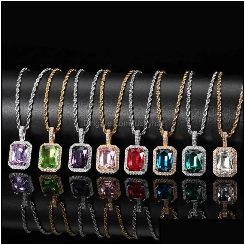 Pendant Necklaces 18K Gold Filled Zircon Necklace Emerald Square Black Gemstone Red Pink Stone Birthstone Gift For Him/Herpendant Dr