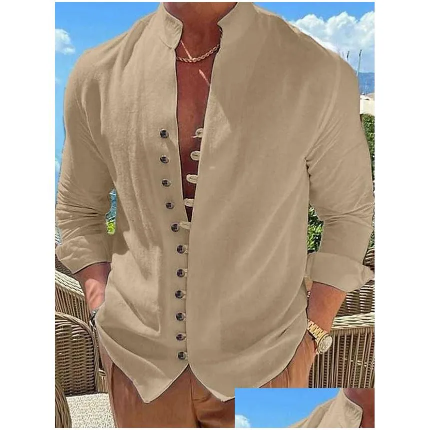 Men`s Shirt Linen Shirt Button Up Shirt Casual Shirt Summer Shirt Black White Pink Long Sleeve Plain Band Collar Summer Spring Fall Daily Vacation Clothing