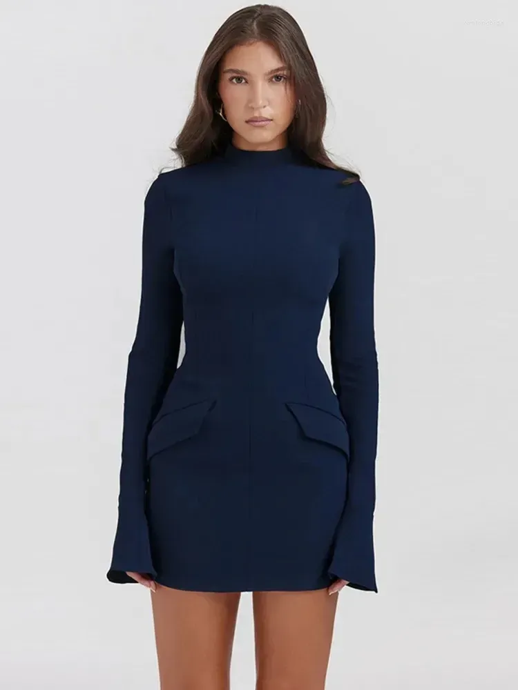 Casual Dresses Women Elegant Dark Blue Commuting Mini Dress Autumn Sexy Pocket Long Sleeve Bodycon Lady Chic Party Club Robe