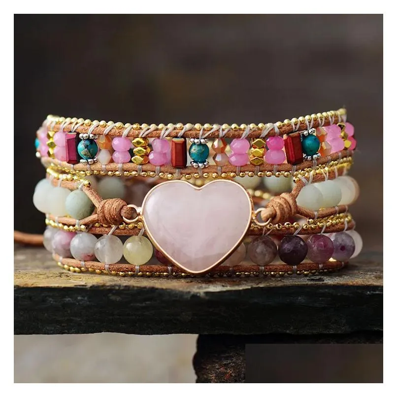 Strand Handmade Boho Multi Layered Natural Crystal Agate Stone Beads Beaded Bracelet Opal 3 Strands Leather Wrap Bracelets For Women