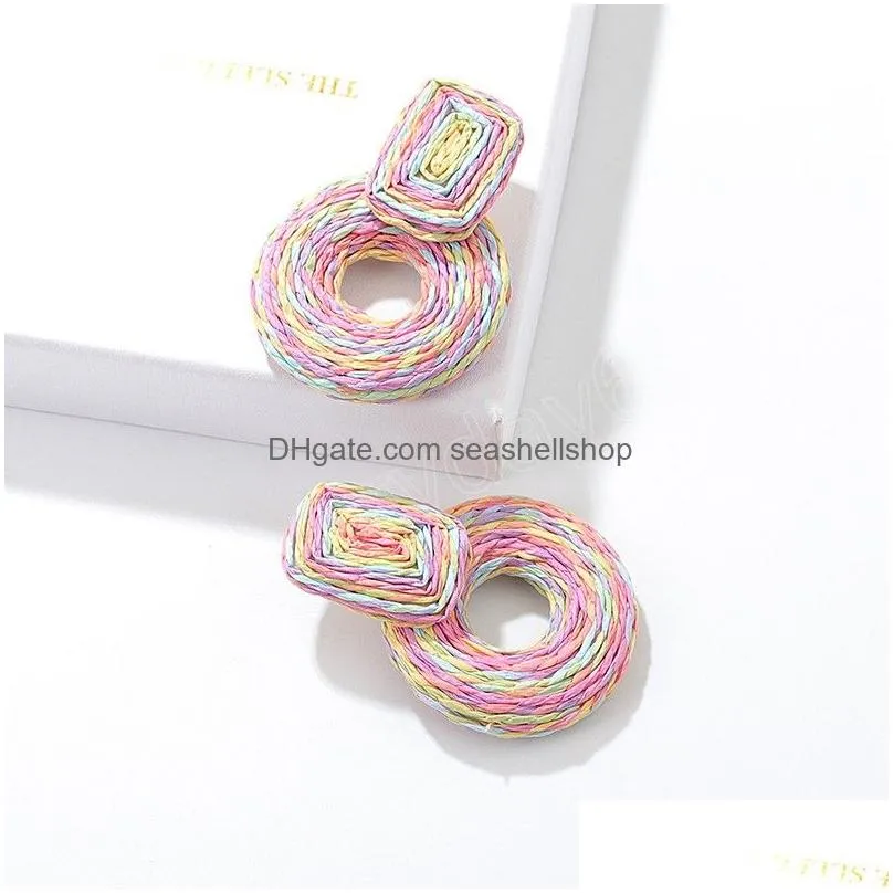 Fashion Raffia Floral Dangle Earrings For Women Geometric Round Handmade Woven Straw Wicker Earrings Summer Beach Jewelry