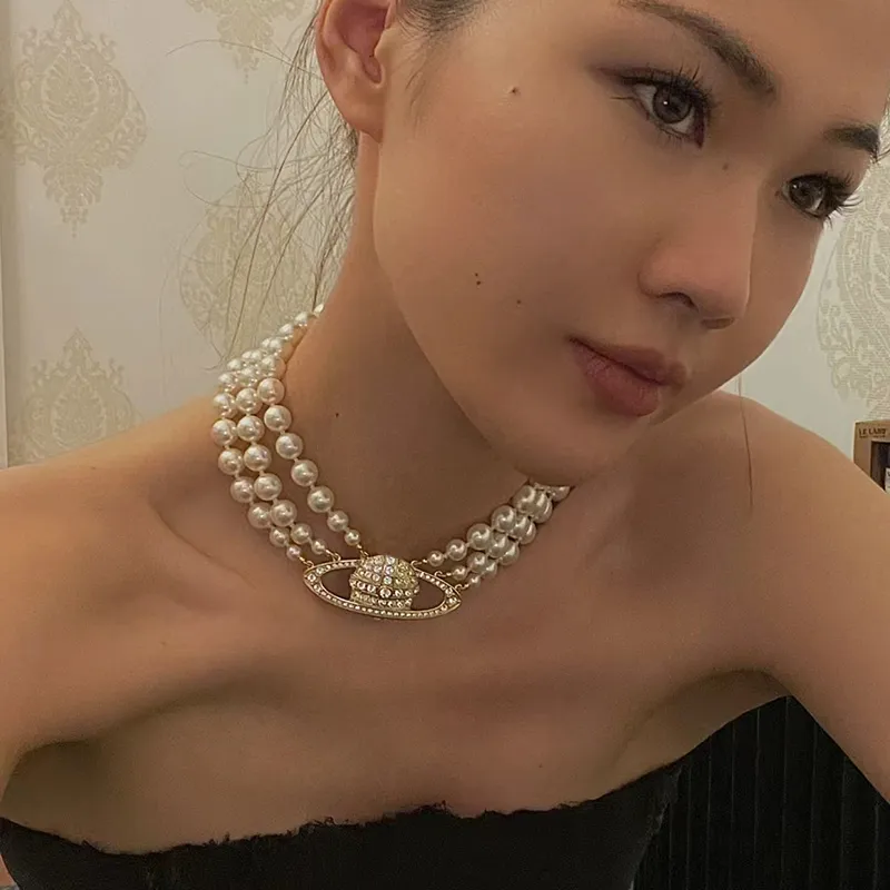 Saturn Necklaces Pearl Beaded Diamond Tennis Necklace Woman Silver Plating Triple Chains Vintage Trendy Style Desigenr Jewelry