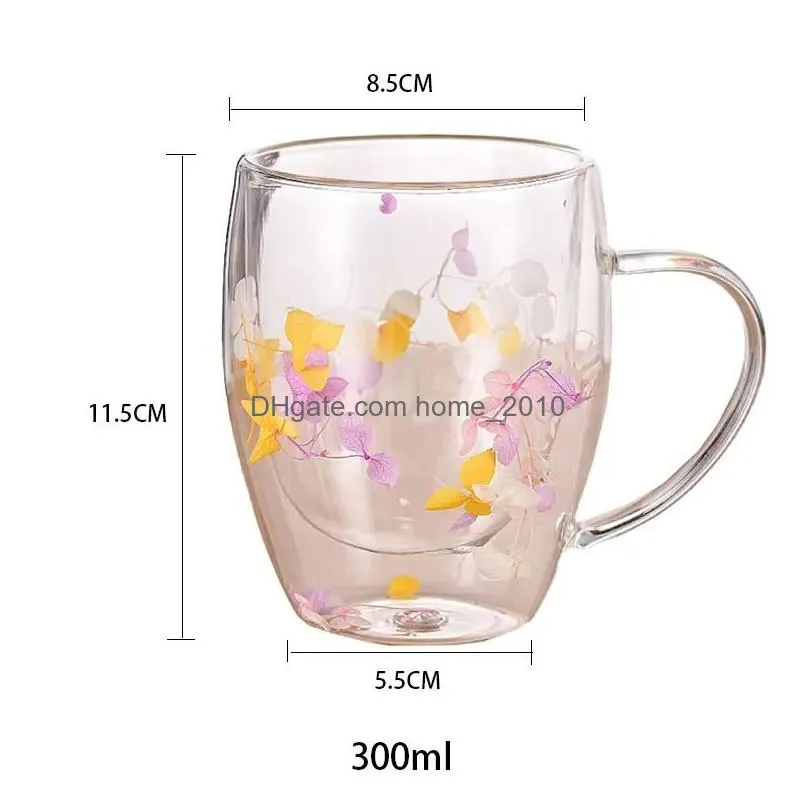 350ml double wall glass mug cup with dry flower fillings with handles kitchen accessories wll2148