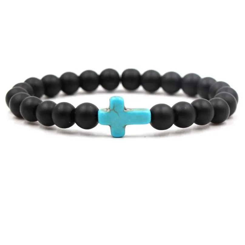 8mm Black Matte Turquoise Beads Bracelet Bangles Cross Charm Blue Beaded Men Bracelets for Women Yoga Jewelry