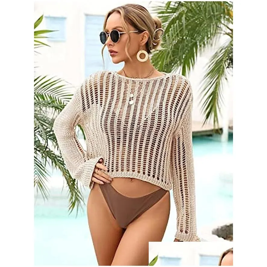 Womens Hollow Out Crochet Knit Crop Top See Through Long Sleeve Women`s Knits Fishnet Beach Bikini Cover Ups