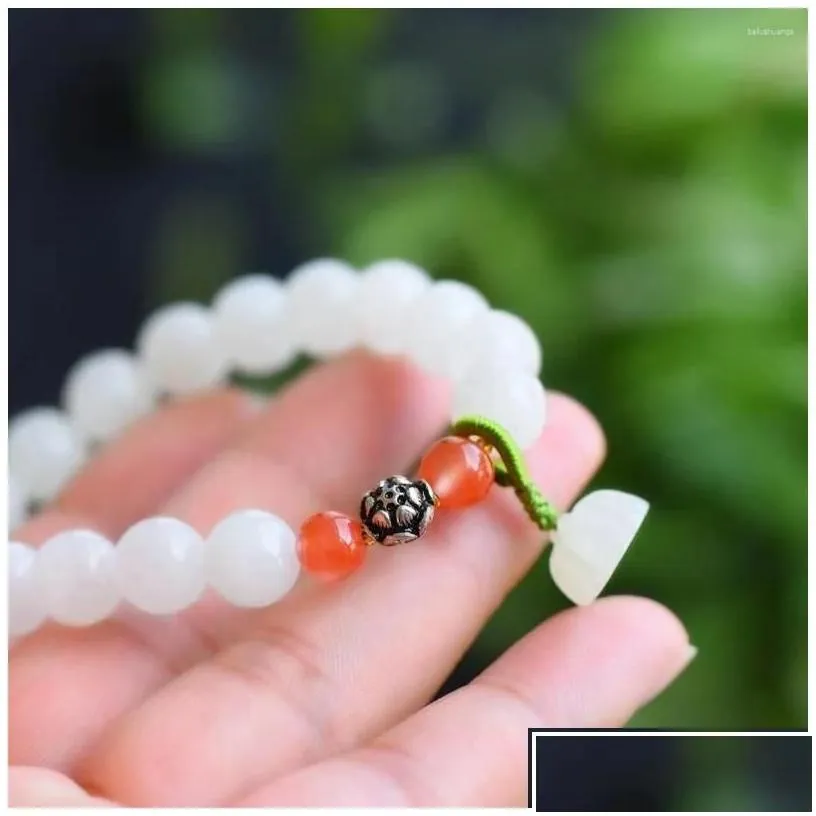 Beaded Strand Hetian Jade 10Mm Round Bead Bracelet With Lotus Pod Ornaments 9407 Drop Delivery Jewelry Bracelets Dhvkx