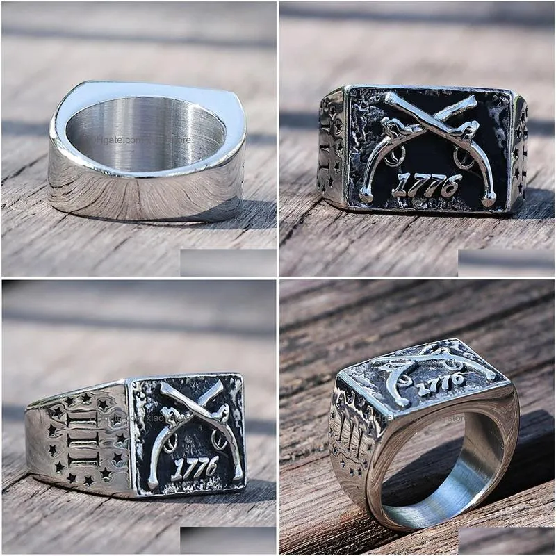 vintage 1776 independence day ring heavy sugar 14k white gold  men rings double guns punk gothic ring mens biker jewelry