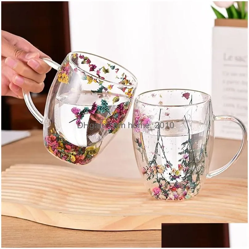 350ml double wall glass mug cup with dry flower fillings with handles kitchen accessories wll2148