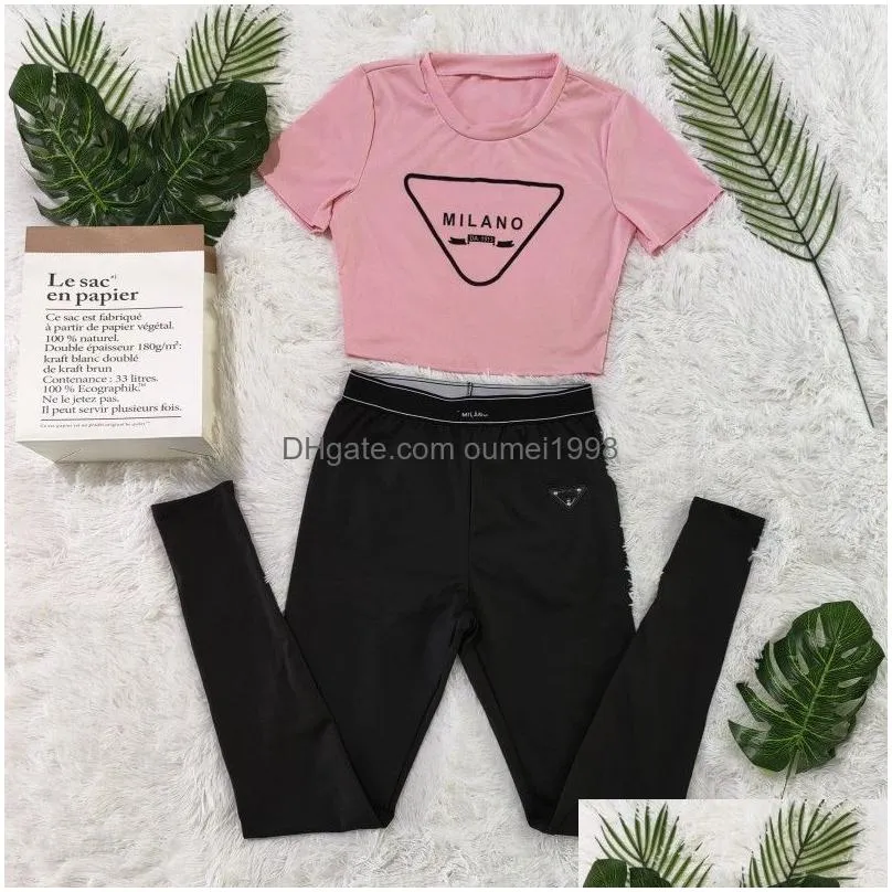 Women`S Tracksuits Women Designer Two Piece Set Letter Print Bare Navel Y Short Sleeve T-Shirt Shorts Casual Sports Suit Round Neck O Dhsuf
