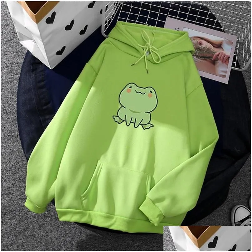 Women`s Hoodies Spring Cute Printing Frog Sweatshirt With Large Front Pocket Hoodie Autumn Causal Ladies Pullover Women