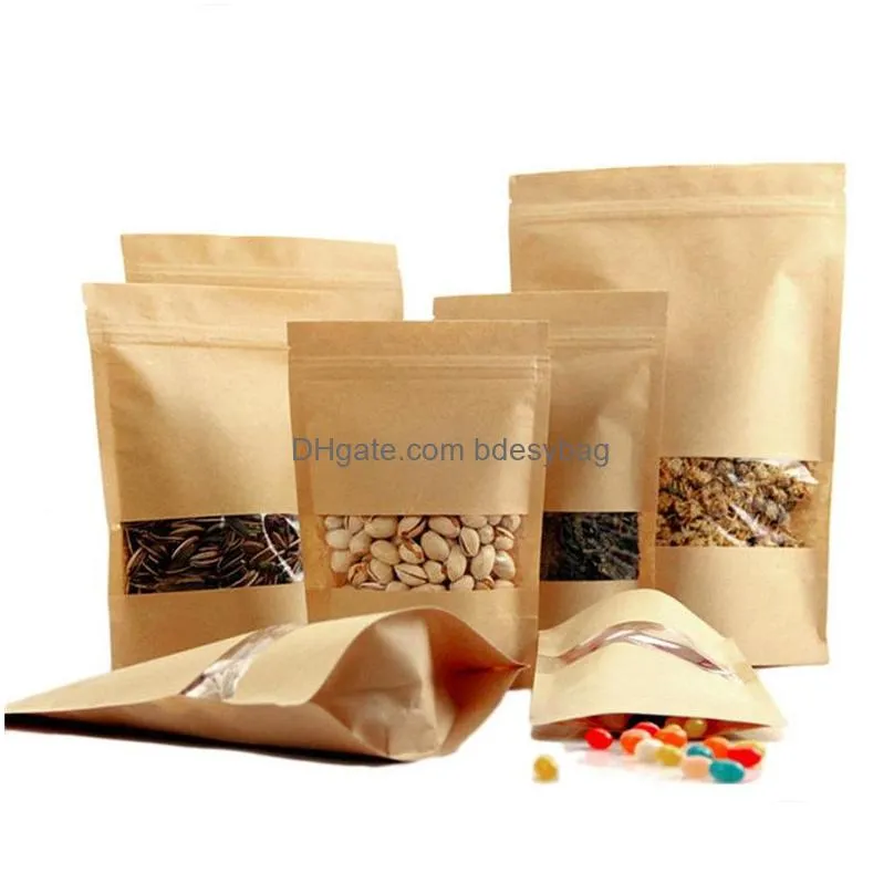 Packing Bags Wholesale Kraft Paper With Clear Window Moisture-Proof Brown Doypack Pouch For Snack Candy Cookie Baking Drop Delivery Of Dhe13