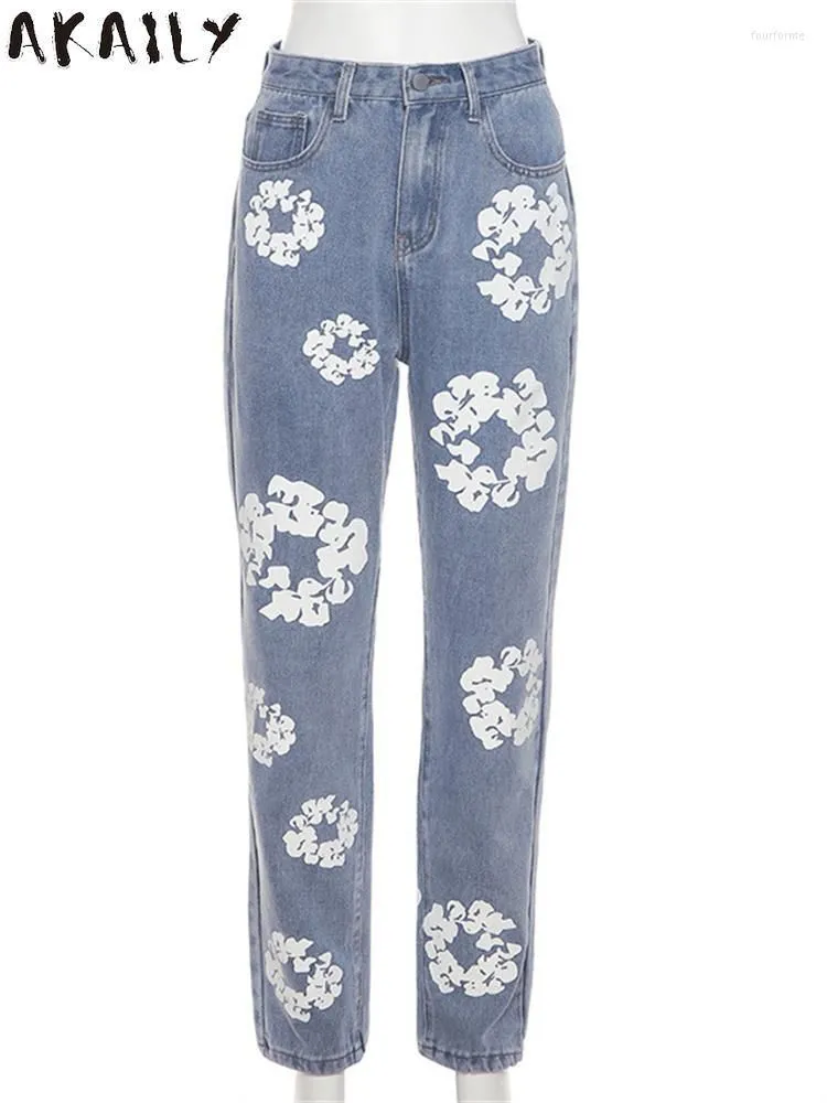 Women`s Jeans Akaily Fall Floral Print For Women Streetwear 2023 Blue High Waist Baggy Ladies Solid Casual Straight Long Pants