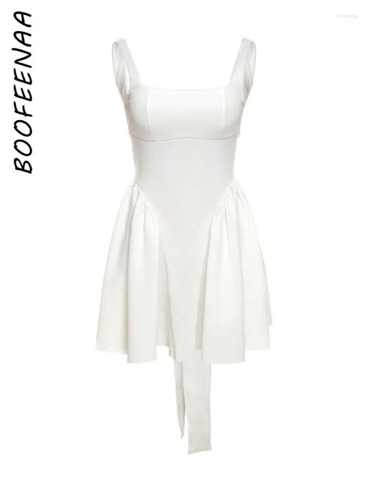 Casual Dresses BOOFEENAA Bow Backless White For Womens 2023 Summer Party Outfits Elegant Square Neck Sleeveless Short Dress C83-DC39