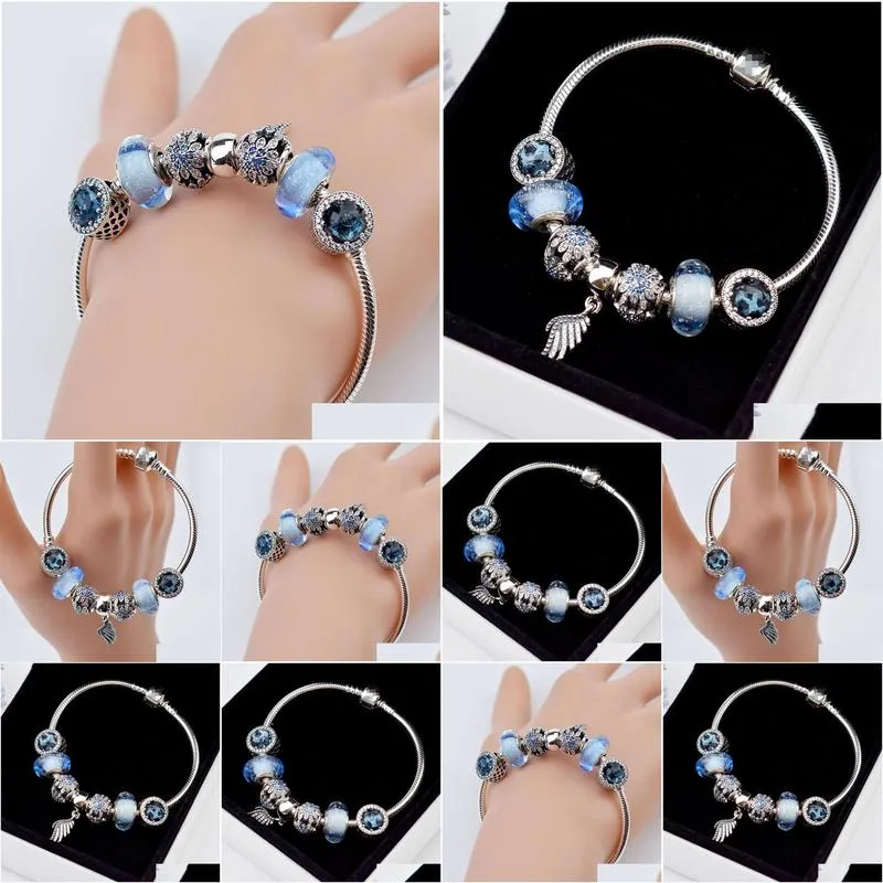 EDELL 100% 925 Sterling Silver Charm Beads Bracelets Blue Crystal Collocation Bracelet Suitable For Women DIY Bangles Send The