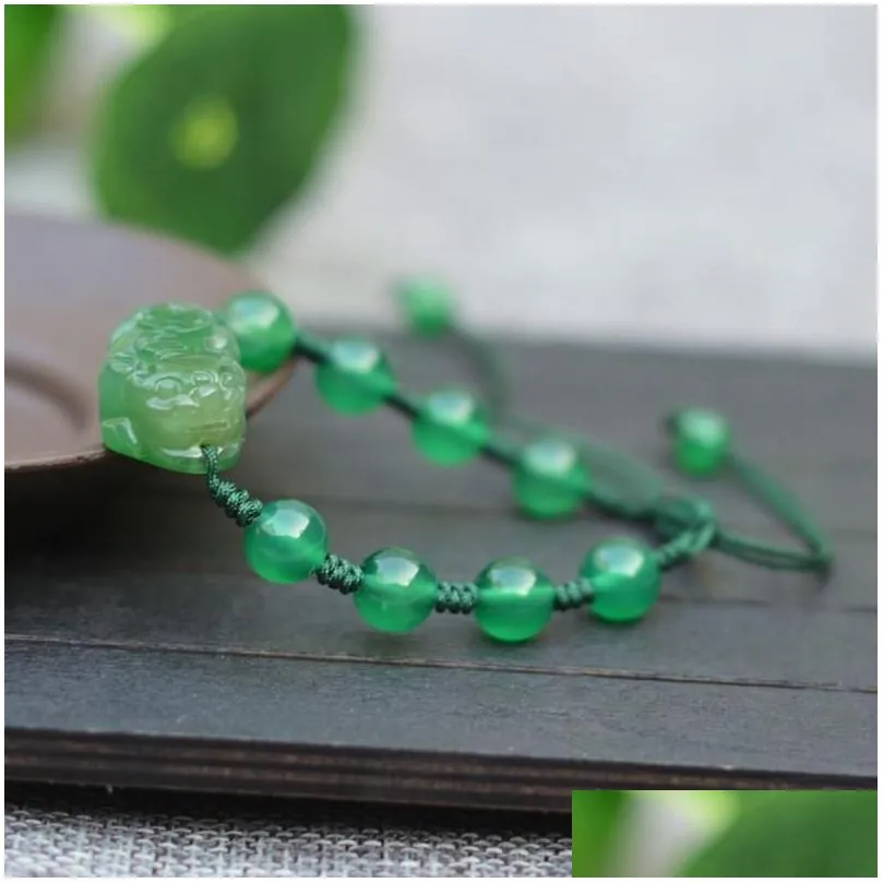 Natural Green Chalcedony Bracelet Carved Pixiu Round Beads Bangles Gift For Women`s Jades Stone Jewelry Beaded, Strands