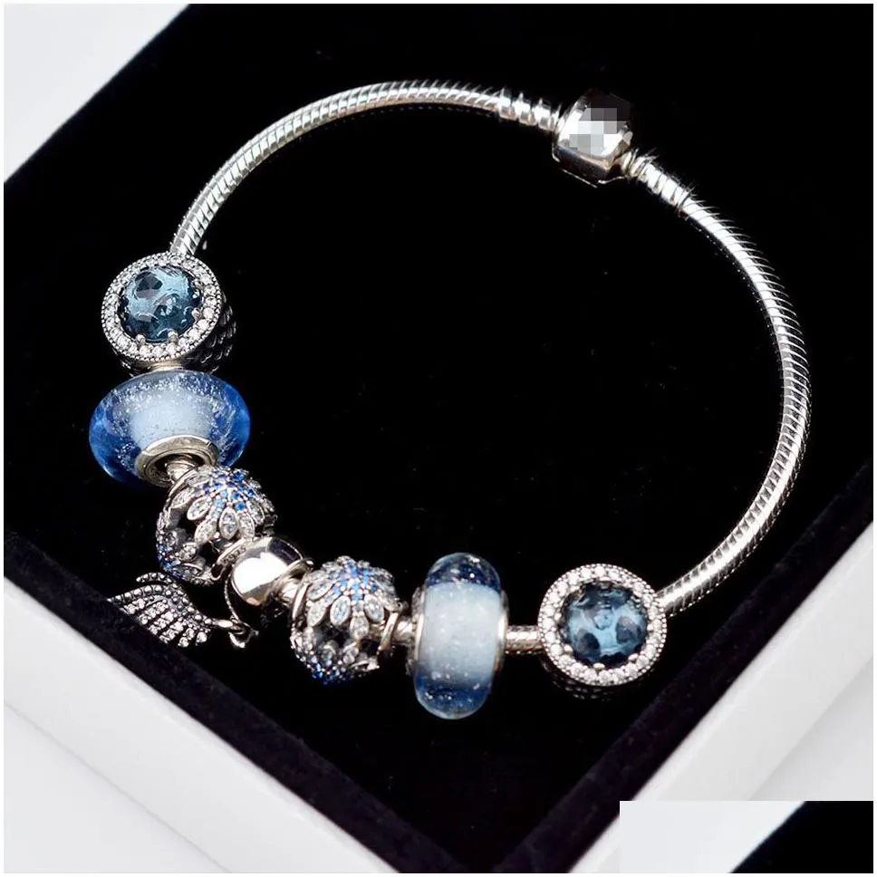 EDELL 100% 925 Sterling Silver Charm Beads Bracelets Blue Crystal Collocation Bracelet Suitable For Women DIY Bangles Send The