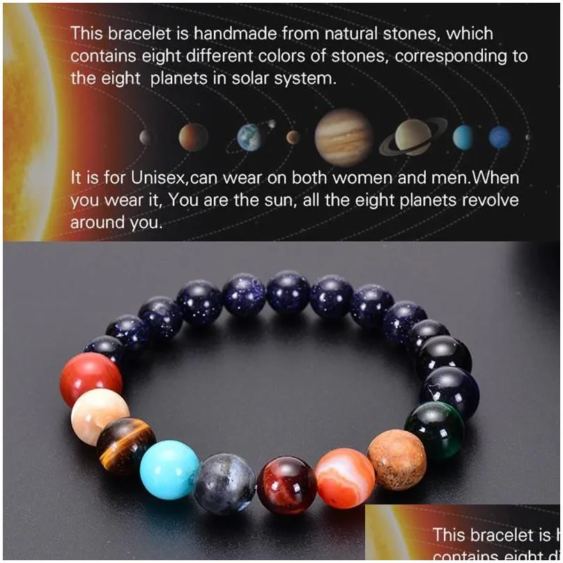 Beaded Strands Yoga Eight Planets Blue Sand Stone Beads Bracelet Men Natural Universe Solar 7 Chakra For Women JewelryBeaded