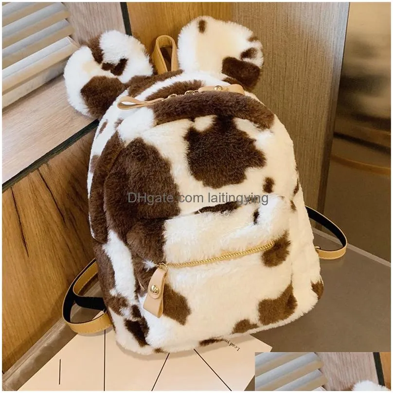 cute cow pattern plush backpacks for women dot school bags for teenager girls casual warm travel backpack large female purses 1411 b3