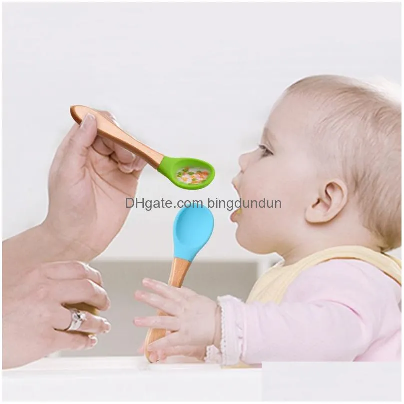 Children Silicone Spoons Wooden Handle Coffee Scoops Baby Training Spoon Home Kitchen Tableware 28 Colors