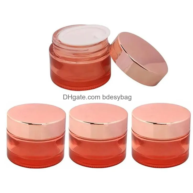 Cosmetic Jar Wholesale Pink Glass Cream With Rose Gold Lid 5G 10G 15G 20G 30G 50G 60G 100G Makeup Travel Sample Container Bottles Drop Dhues