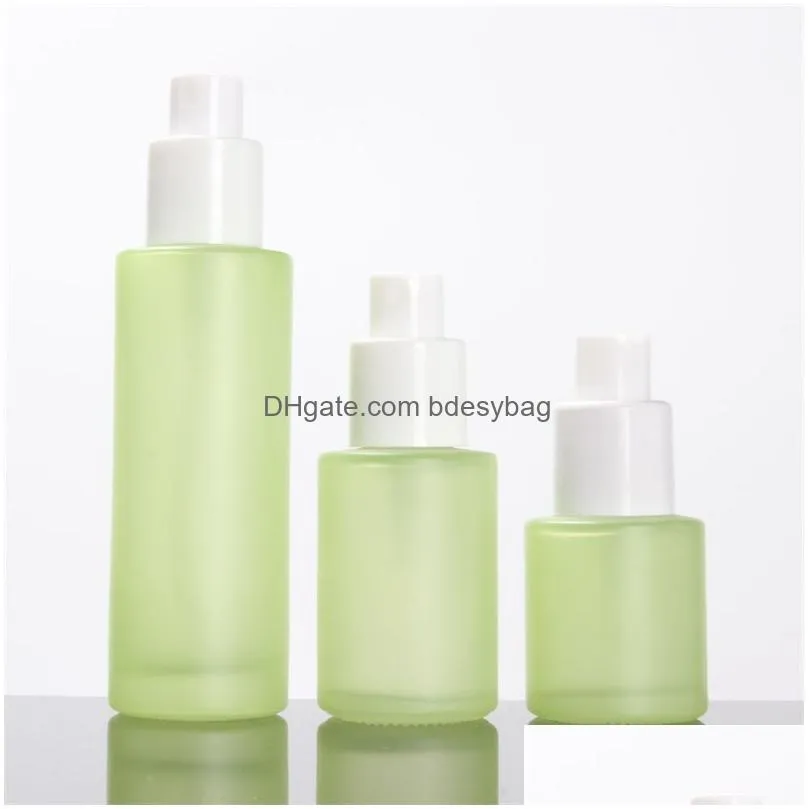 Packing Bottles Wholesale 20Ml 30Ml 40Ml 60Ml 80Ml 100Ml 120Ml Green Frosted Glass Cream Jar Mist Spray Lotion Pump Bottle With Imitat Dhtfy