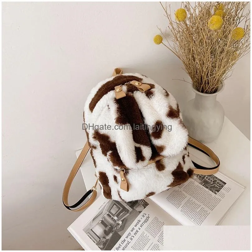 cute cow pattern plush backpacks for women dot school bags for teenager girls casual warm travel backpack large female purses 1411 b3