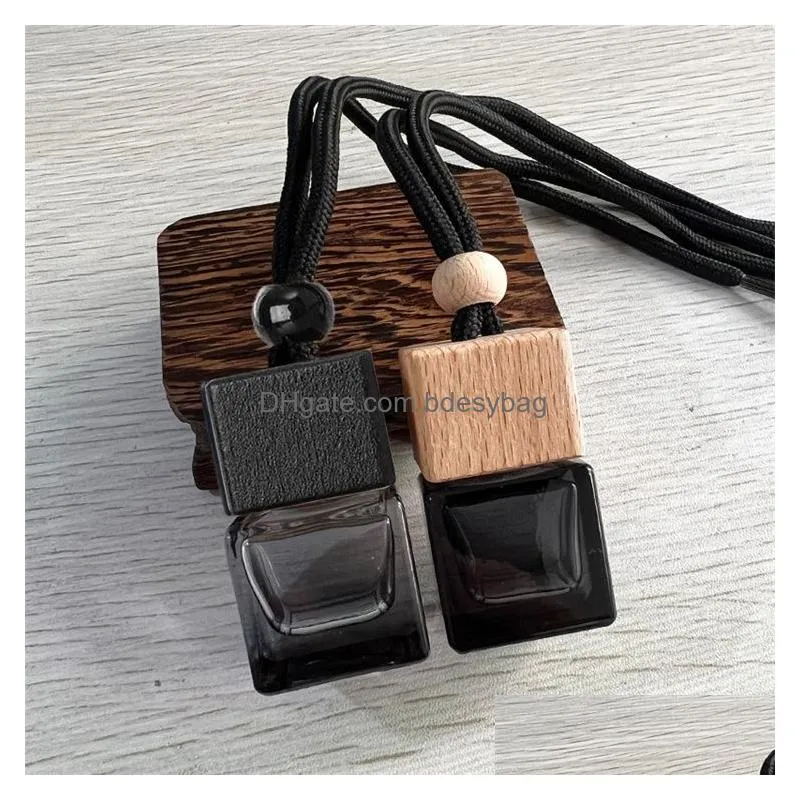 Perfume Bottles Wholesale 8Ml Black Wood Cap Empty Luxury Mini Classic Hanging Glass Air Freshener  Oil Per Car Diffuser Bott Dht6R