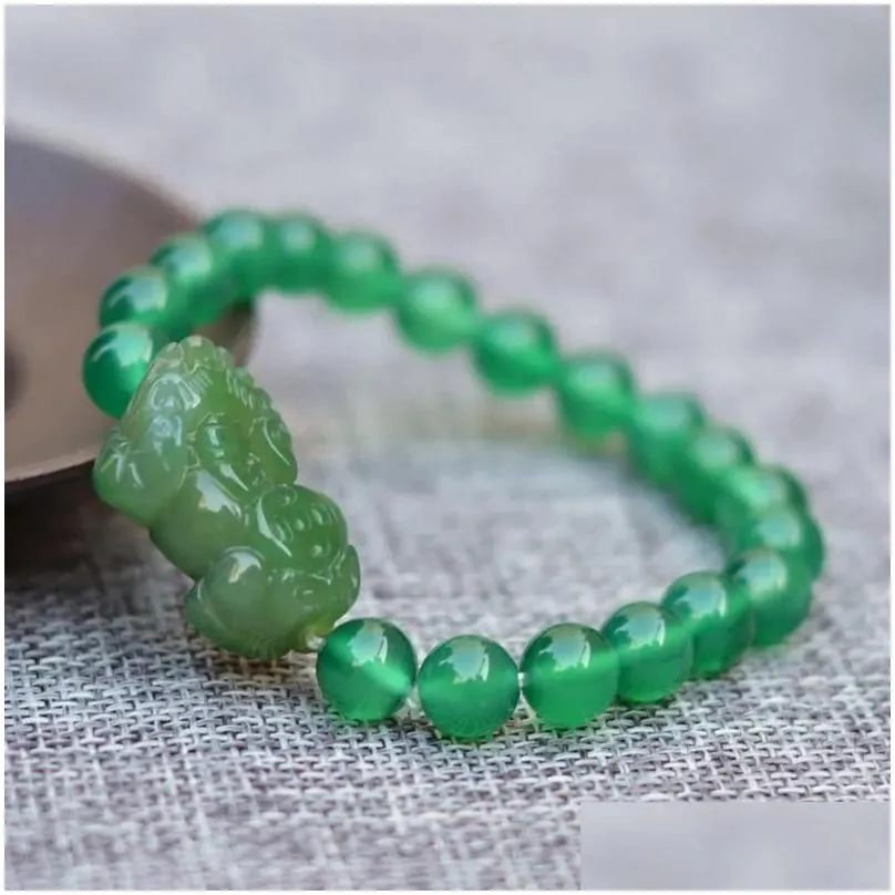 Natural Green Chalcedony Bracelet Carved Pixiu Round Beads Bangles Gift For Women`s Jades Stone Jewelry Beaded, Strands