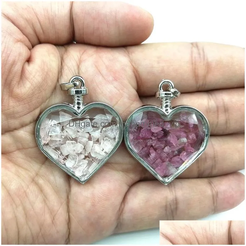 jln wish bottle heart stone pendant natural crystal mineral ornament gravel stone pendants with brass chain valentines gift for gilrs and