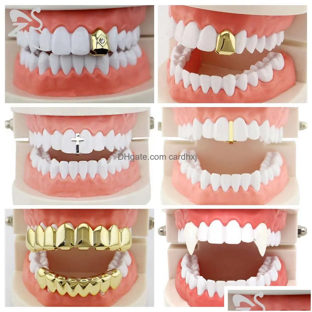 Grillz, Dental Grills Zs 1-2 Pieces Hip Hop Gold Plated Teeth Shiny Cz Crystal Cross Gap Grillz High Polish Finish Top Bottom Tooth C Dhotx