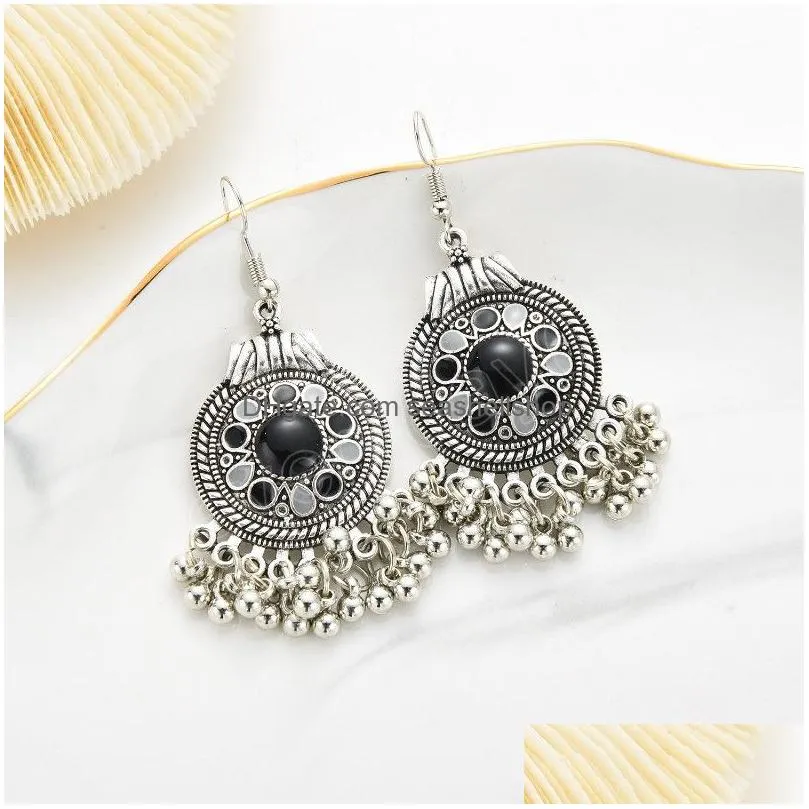 Ethnic Women`s Indian Earrings Classic Silver Color Bells Tassel Round Retro Flower Drop Dangle Earrings Boho Jhumka Jewelry