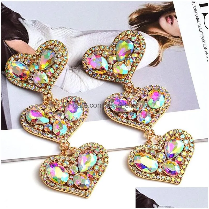 Statement Long Metal Heart Colorful Crystal Dangle Drop Earrings High-Quality Fashion Jewelry Accessories For Women
